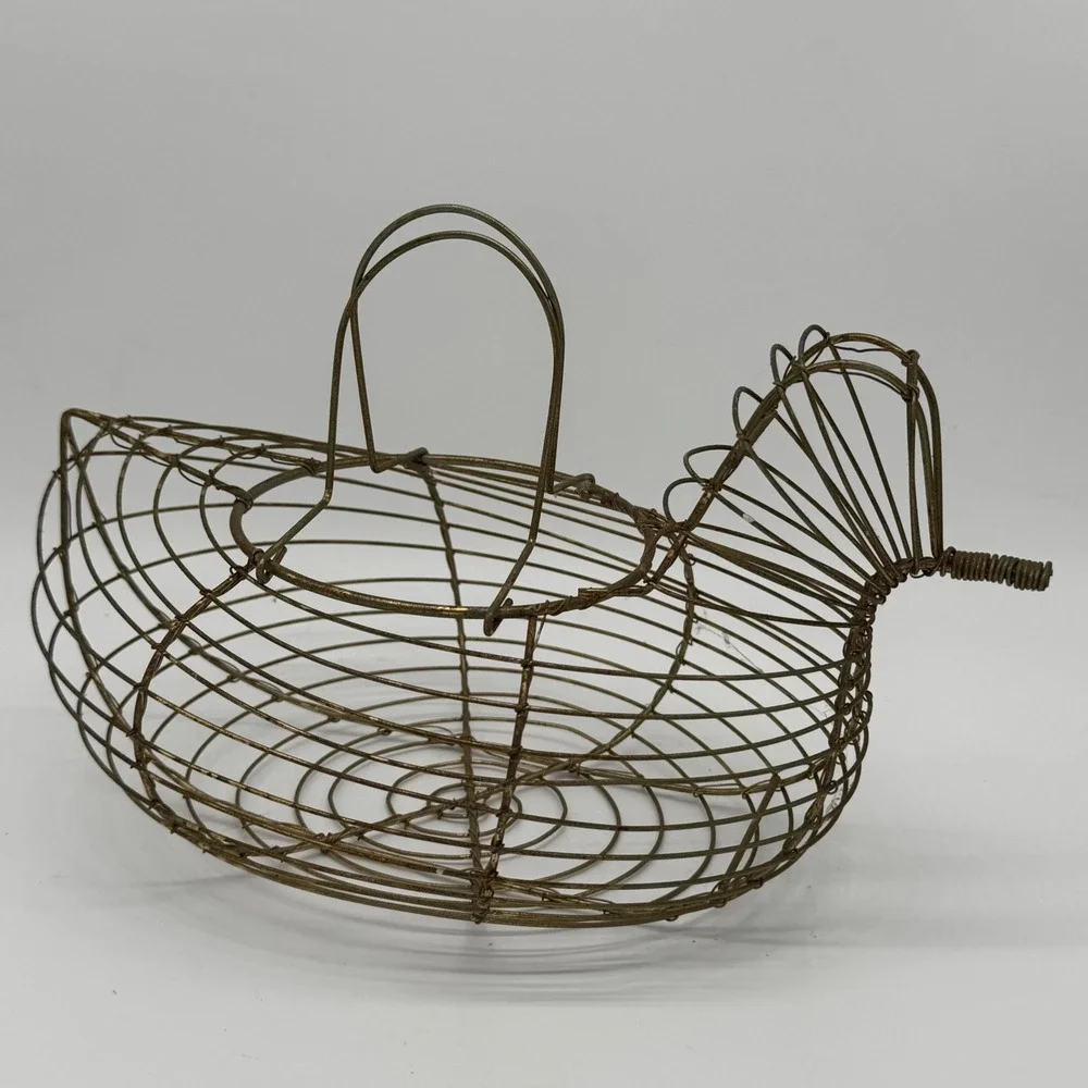 Vintage Wire Chicken Egg Basket Collapsible Metal Hen Shaped Country Kitchen
